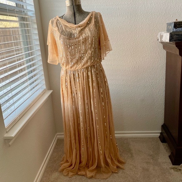 Mac Duggal Embellished Cowl Neck Flutter Sleeve Mesh Ankle Dress - Picture 2 of 16